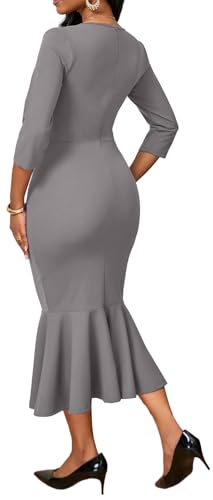 Image of VisiChenup Elegant Dress for Women V Neck Long Sleeve Midi Fishtail Dress | Elegant Dress for Women Long Sleeve Wedding Guest Cocktail Bodycon Dresses with Zipper