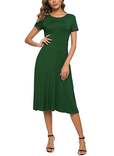 Image of EXCHIC Women's Casual Round Neck Short Sleeve Midi Dress Solid Stretchy Waist Knee Long Dress