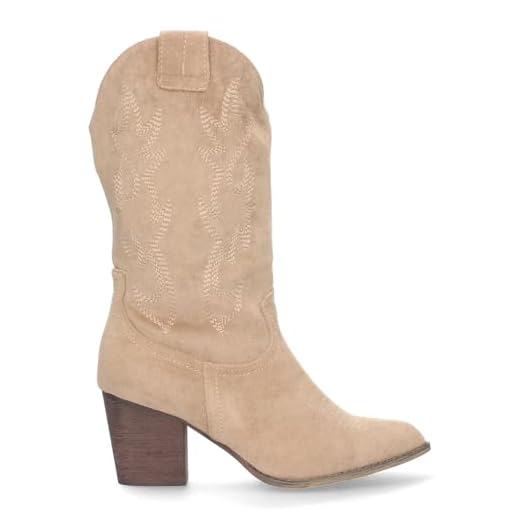 62076-Bota Campera con Tacon, Comodas, Bordado en Cana y Empeine, Estilo Vaquero Cierre de Cremallera, Ideales Otono Invierno. Talla 40 Beige