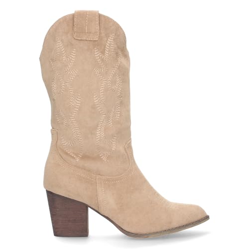 97483 Bota Campera con Tacon, Comodas, Bordado en Cana y Empeine, Estilo Vaquero Cierre de Cremallera, Ideales Otono Invierno Beige Talla 41