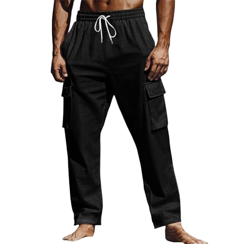 Pantaloni cargo da uomo in lino, gamba larga, vestibilità rilassata, con coulisse, traspiranti, comodi, multi tasche, estivi, spiaggia, yoga, viaggi, lounge, fondo aperto, abbigliamento da lavoro alla