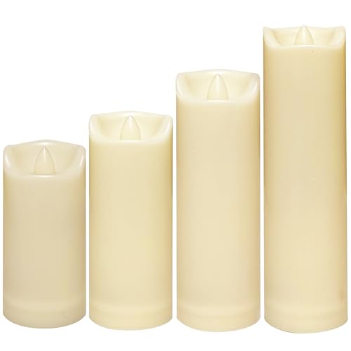 Image of CANDLE CHOICE Waterproof Outdoor Battery Operated Flameless Candles with Auto Timer Flickering Plastic Resin Electric LED Slim Pillar Lights for Lantern Patio Garden Wedding Party Decorations 4 Pack