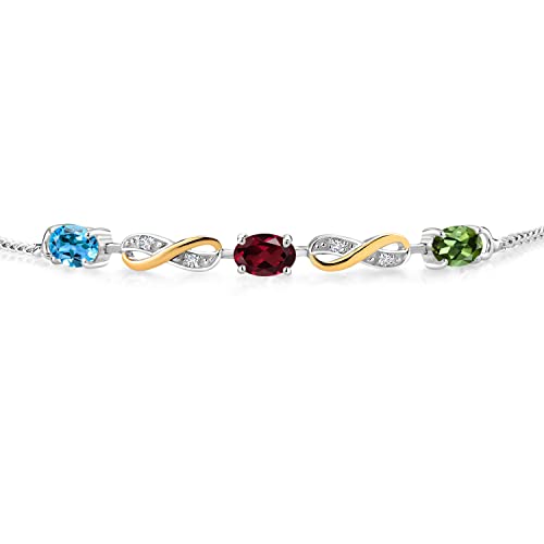 925 Sterling Silver And 10K Yellow Gold Customized And Personalized 3 Oval Gemstone Birthstone And White Lab Grown Diamond Adjustable Tennis Infinity Bracelet For Women Mother's Mom Wife Girls #TOP2