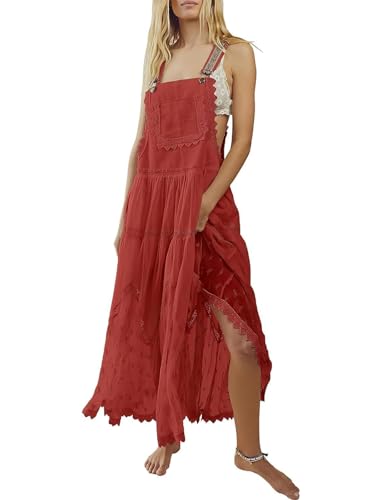 Image of Women's Laced Embroidered Tulle Boho Dress Casual Loose Adjustable Straps Bib Maxi Dress