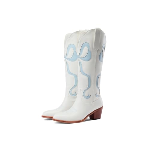 Women's White Cowgirl Boots with Bow Knee High Cowboy Boots Almond Round Toe Chunky Heel Embroidered Western Cowboy Boots for Women