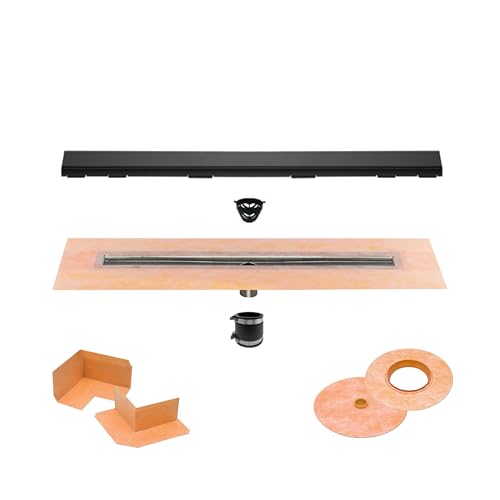All-in-one Waterproof Linear Shower Drain Kit with 28 Inch Center Outlet Channel Body (KL1V60E70) and Drain Grate Assembly (Cover) in Solid Design with Matte Black Finish (KL1AR19MGS70)