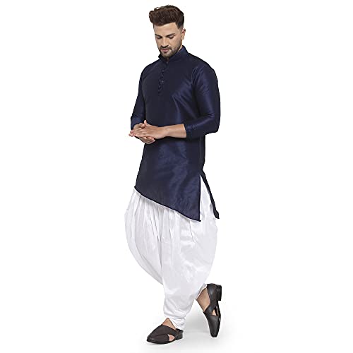 Image of Men's Silk Balloon Salwar Dhoti Pant Set (NavyB Slant Slit K But White Sal Dh40 Navy, White 40)