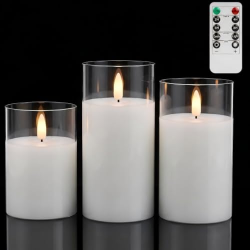 Image of Pure White Glass Flameless Candles with Remote, Set of 3 | Clear Glass, Pure White Wax, 2 /4 /6 /8H Timer, Battery Operated LED Pillar Candles, Wedding Home Decor
