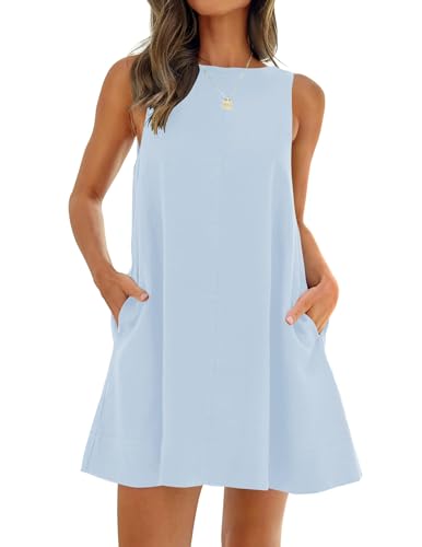 Image of ZESICA Women's 2024 Summer Sleeveless Tunic Mini Dress Casual Crew Neck Backless Sundress Loose Flowy Short Tank Dresses,Blue,Small