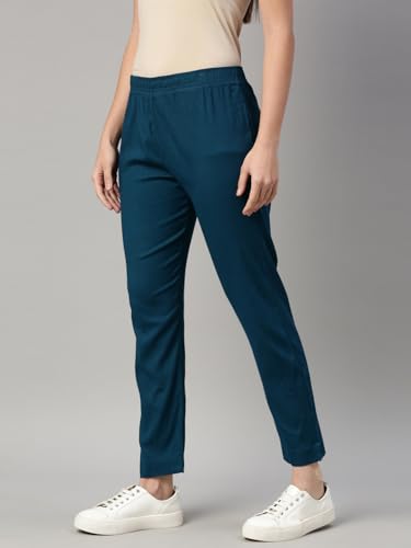 Image of MINELLI Women Solid Cigar Pants, Cotton Lycra Slub Fabric, Elasticated Waistband, Pull On Style, Regular Fit Bottom Wear for Western and Ethnic Wear
