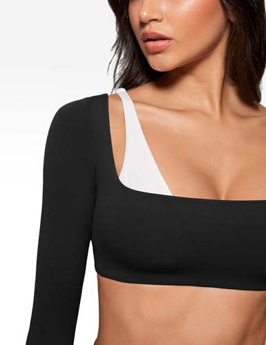 Womens Square Neck Long Sleeve Crop Top Workout Athletic Yoga Basic Tee Bandeau Fitted T-Shirt with Built in Bra4