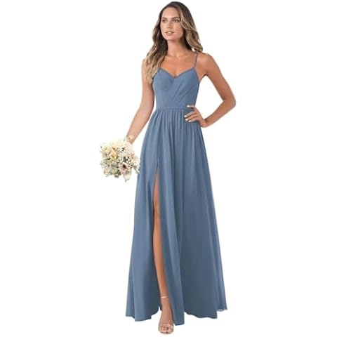 EEMEII Elegant A-line Long Slate Blue Bridesmaid Dresses for Women with Side Slit Ruched Chiffon Formal Dresses with Pockets US 4 Cover