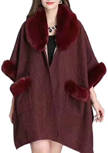 Image of Women Poncho with Pocket Warm Cashmere Cardigan Cape with Rabbit Fur