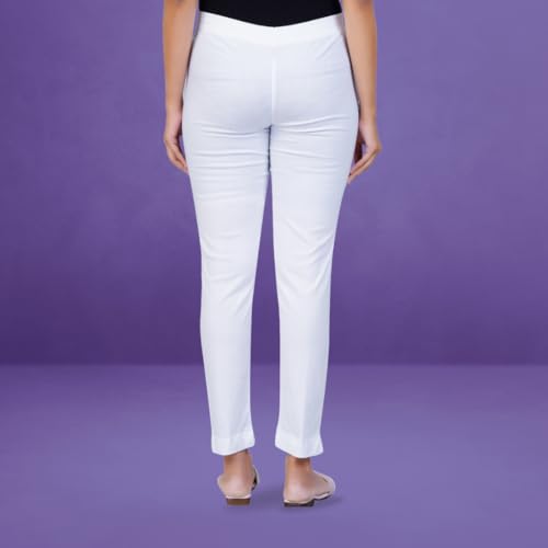 Image of Happy Bunny Cotton Blend Lycra Kurti Pants for Women, Soft 30% Stretch Full Length Trousers with Elastic Waist & Zip Pocket, Ideal for Office, Work, Casual, Home Wear Breathable Slim Fit