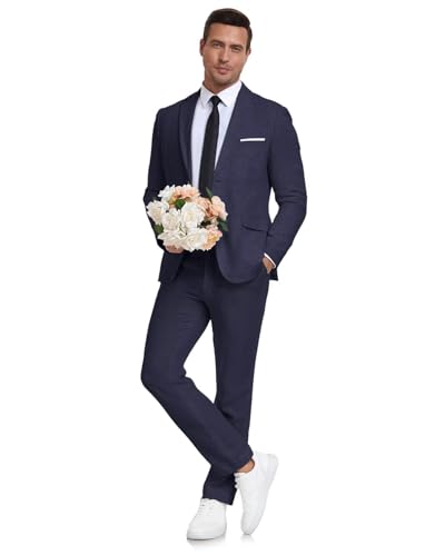 Men's 2 Piece Navy Linen Suits Slim Fit Casual Summer Beach Wedding Dress Tux Prom Suit Blazer Jacket and Pants Navy Blue XL