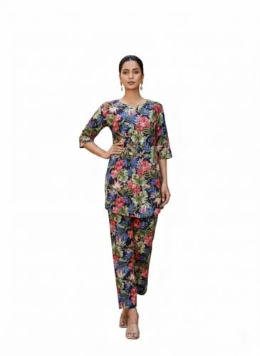 Image of NAINVISH Women's Printed Rayon Blend Co-ord Set | Straight Fit Top & Pant Ensemble | V-Neck Mandarin Collar Styles | Modern Black, Orange, Purple, Green Designs | Perfect for Casual, Festive Events