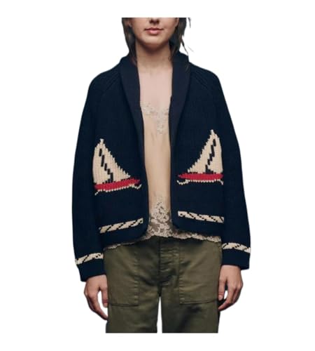 Sailboat Jacquard Knit Cardigan for Women - Fashion Turn Down Collar Spring Sweater Street Chic Open Front Knitted Top (Navy Medium)