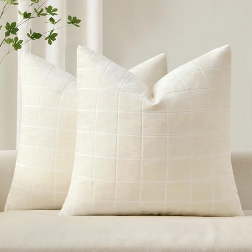 Image of MIULEE Cream Plaid Decorative Throw Pillow Covers 20x20 Set of 2 | Vintage Check Chenille Couch Pillows Neutral Boho Farmhouse Cushion Covers Modern Home Decor for Sofa Bed Living Room