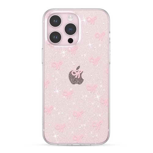 Coque iPhone 16 Pro Max silicone souple transparente paillettes nœud papillon rose