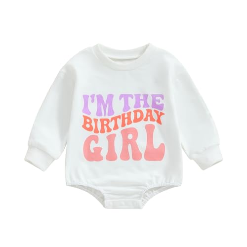 Kayotuas First Birthday Outfit Baby Boy Girl Bubble Romper Birthday Letter Long Sleeve Sweater Crewneck Sweatshirt Bodysuit (White I'm The Birthday Girl, 6-12 Months)