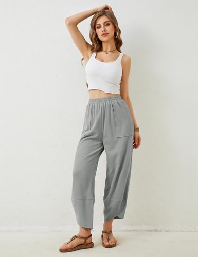 Image of Himosyber Women Cotton Pants Wide Leg Pants Casual Loose Baggy Elastic Waist Beach Palazzo Harem Pants