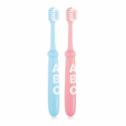 Image of BeeBaby Brush Buddy Toothbrush for Infants 6 Months +. Small Head 10 x Super Soft Tapered Bristles ideal for Milk Teeth, 100% BPA Free. Blue & Pink. Pack of 2