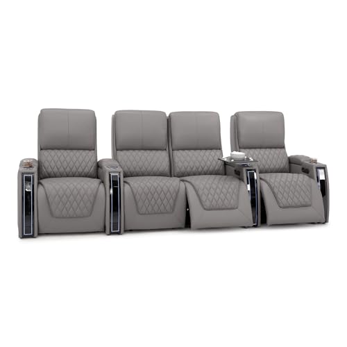 Image of Seatcraft Apex Gray Italian Leather Home Theater Seating, Zero Gravity Power Recliner Chair, Powered Headrest and Lumbar Gaming and Lounge Sofa Furniture for Cinema Room, Row of 4 Middle Loveseats