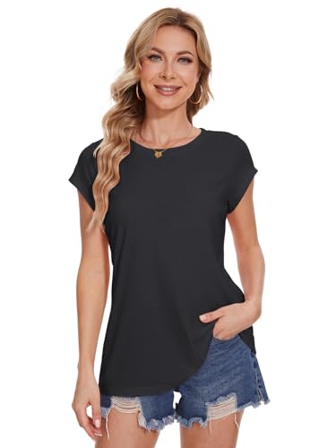 Camiseta para mujer T Shirt de mujer con cuello redondo y manga corta para verano, camiseta casual y holgada, elegante blusa, tops básicos, Negro , L