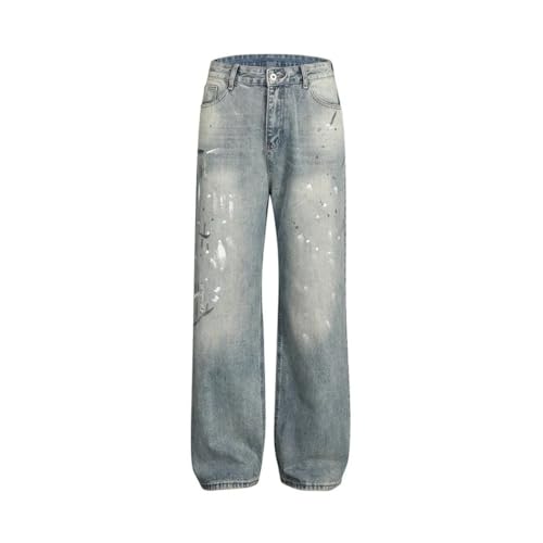 Men’s Graffiti Washed Distressed Jeans, Retro High Street Loose Fit, Wide Leg Pocket Denim Pants