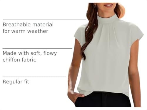 Image of Funlingo Womens Summer Tops Mock Neck Short Cap Sleeve Blouses Business Casual Work Chiffon Shirts Front Pleated Tunic Top