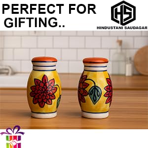 Image of HS HINDUSTANI SAUDAGAR Phoolkari Spice Salt and Pepper Ceramic Salt Shaker dispensers Set of 2(50ml Each) Spice Container & Sprinkler for Dinning Table Kitchen Ideal for Home Daily use and Gifting.