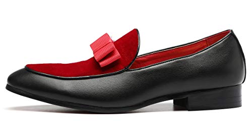 Mens Loafers Velvet Driving Shoes for Men Leather Moccasin Wedding Dress Smoking Slipper Bow Black Red2
