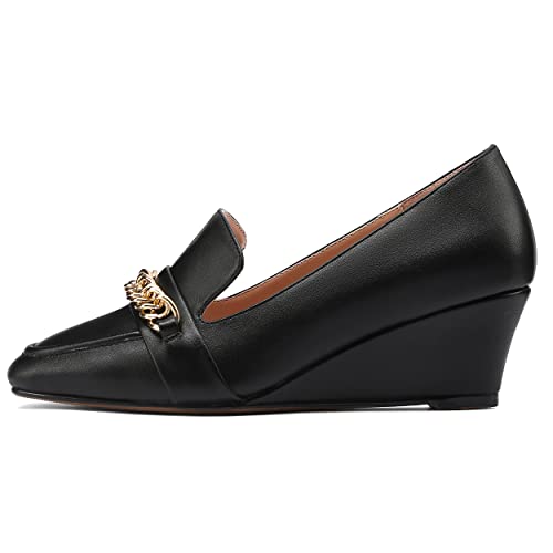 MODENCOCO Metal Chain Square Toe Matte Slip On Travel Dating Wedge Low Heel Pumps Shoes 2 Inch2