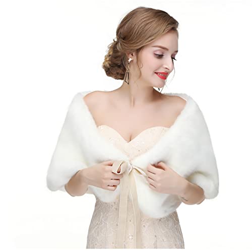 Bounzhi Women's Faux Fur Shawl Wraps Bridal Scarf Stoles Wedding Shrug Cover Up with Ribbon for Bride and Bridesmaids (White)3