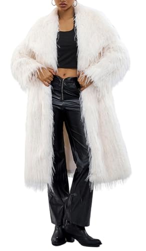Women's Fluffy Faux Fur Maxi Overcoat Outwear Cardigan,Shaggy Mid Jackets Lapel Collar Coats Parka