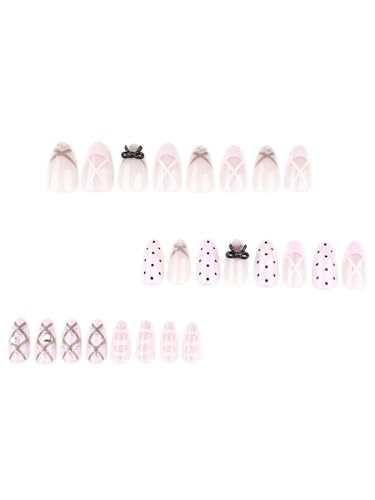 Image of Secret Lives Black Polka Dot Bow Press-On Nails - Cute Short Almond Artificial False Nails with Glossy Nail Art 24-Pieces Set with Kit