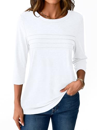 NORACORA 3/4 Sleeve T Shirts for Women Pleated Dressy Crew Neck Casual Business Blouses Trendy Fashion Tunic Basic Tops White XL — view 4