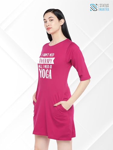 Image of STATUS MANTRA Women's Long T-Shirt Dress - Cotton Casual Knee Length Dress with 3 /4 Sleeves | Soft Bio-Washed Fabric, Crew Neck, Relaxed Fit | Comfy Summer Lounge Wear