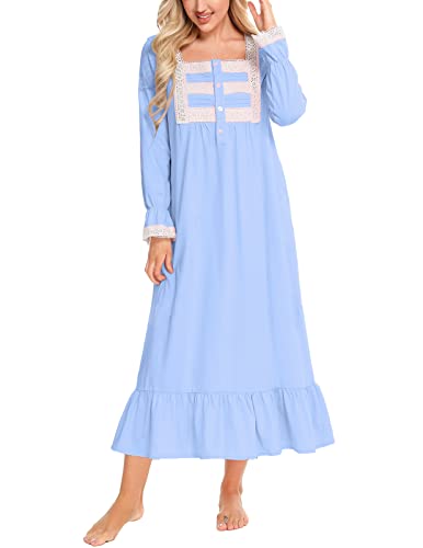 Rubehoow Chemise de nuit vintage à manches longues et boutons sur le devant en coton doux de style victorien avec poches, bleu clair, XXL Cover