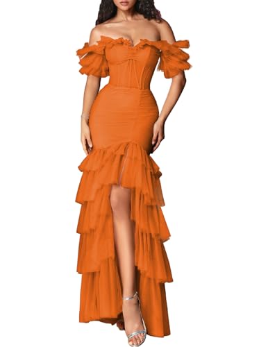 ForElise Off The Shoulder Tulle Prom Dress 2025 Mermaid Prom Dresses Tiered Long Formal Evening Gown with Slit