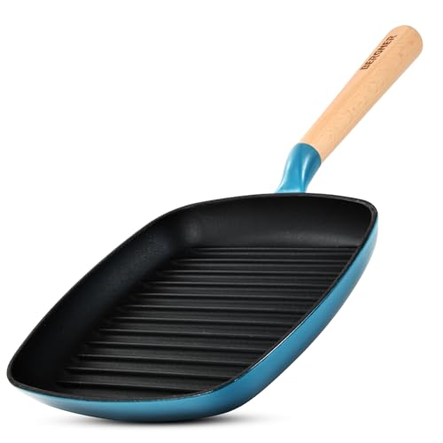 Image of BERGNER Excalibur Lightweight Cast Iron Square Grill Pan 24cm, Sturdy Wooden Handle, Non-Stick Coating, PFAS Free, Perfect Heat Distribution, Elegant Design - Induction Compatible (Blue)
