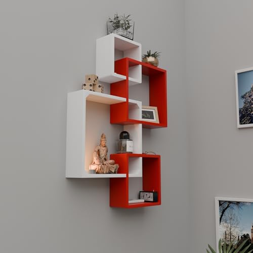 Image of ETIQUETTE ART Floating Cube Shelves - Intersecting Wall Mounted Decor for Bedrooms, Living Rooms & More - Set of 4 Box Shelves (Red & White)