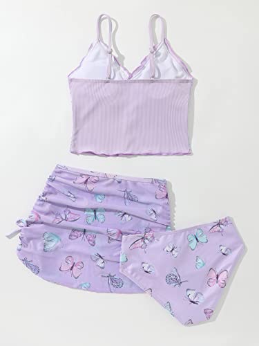 WDIRARA Girl's 3 Piece Set Floral Butterfly Print Colorblock Swimwear Tie Side Onepiece Swimsuit Bikini Set2