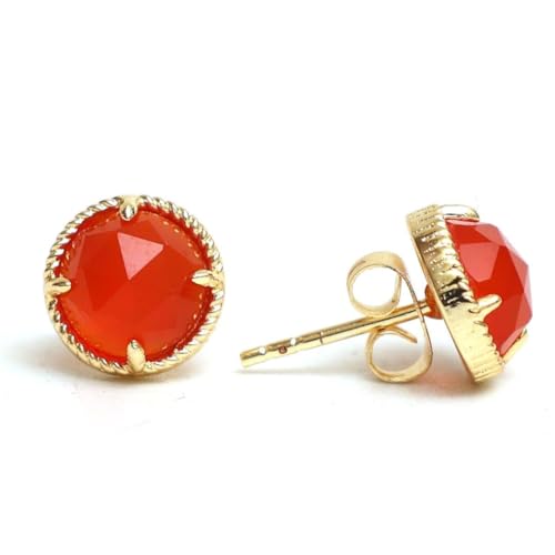 Image of Gempires Round Rose Cut Gemstone Stud Earrings for Women | Gold Plated Hypoallergenic Non Tarnish Crystal Studs | Lightweight Minimal Everyday Earrings for Formal Events (Carnelian)