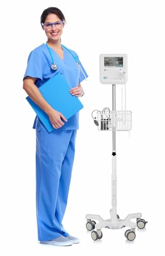 vivacomfort vital signs rolling medical cart workstation, (monitor not included), rolling ipad stand with wheels, blood pressure cuff basket, adjustable pole, and cord organizer