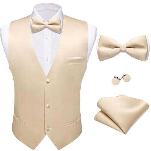 Image of Barry.Wang Mens Suit Vest Bow Tie Set 4PCS Formal V-neck Slim Fit Casual Solid Color Waistcoat Wedding Party Tuxedo
