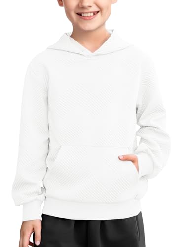 Haloumoning Boys Fashion Texture Hoodies Kids Hooded Long Sleeve Pullover Sweatshirts with Pocket 5-14 years White