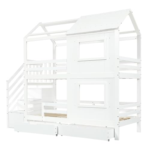 EINHOM Etagenbett 90x200 cm, Kinderbett mit Treppenschrank Schubladen, Stauraumbett mit Zwei Schubladen, mit Fenster und Dach, Rausfallschutz Geländer, Weiß (Ohne Matratze)