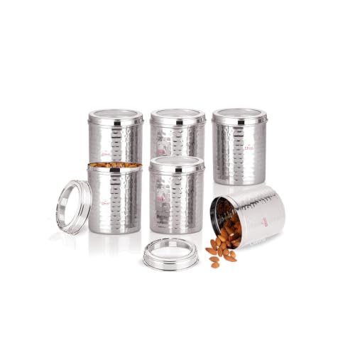 Image of Ebun Stainless Steel Containers for Kitchen Storage Set | Steel Storage Containers for Kitchen | Steel Containers with Lid | Hand Hammered Texture Airtight Steel Containers 500 Gms | Pack Of 6