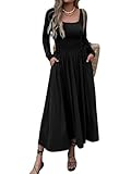 Mieazom Women’s Long Sleeve Square Neck Maxi Dress Adjustable Waist Tie Casual Flowy A-Line Pleated Dresses with Pockets Black L